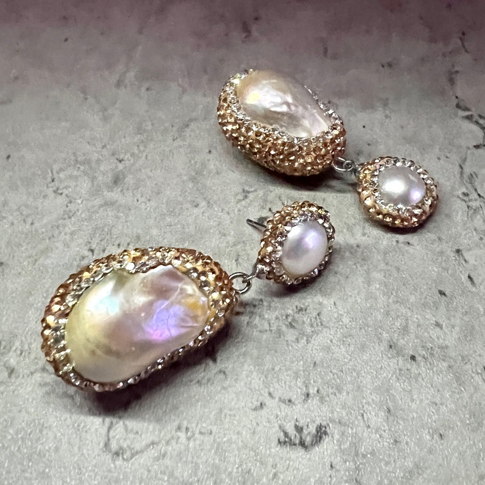 COPY - NWT Handmade Champagne Rhinestone Encrusted Baroque Pearl Drop Pierced E…
